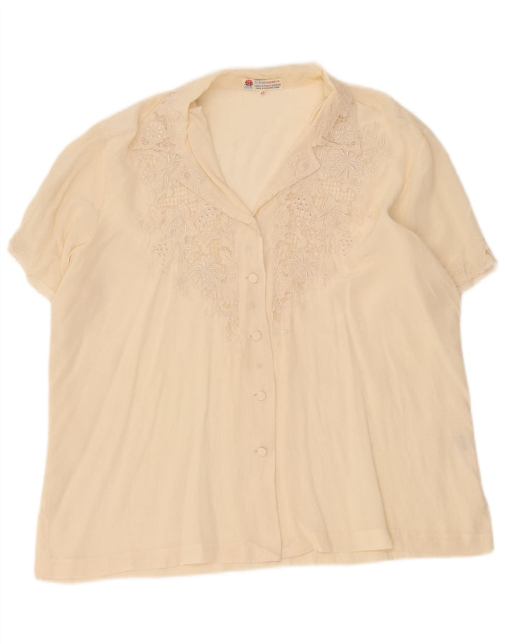 vintage Femme Chemise À Manches Courtes Blouse IT 42 Moyenne Soie Blanc Cassé