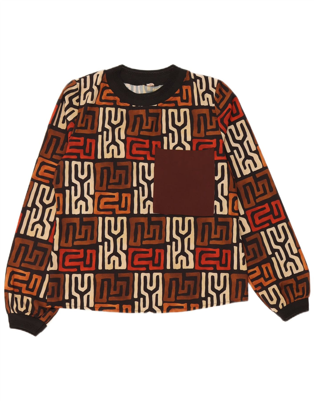 VINTAGE Femme Top Manches Longues UK 12 Moyen Brun Géométrique