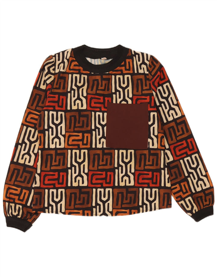 VINTAGE Femme Top Manches Longues UK 12 Moyen Brun Géométrique