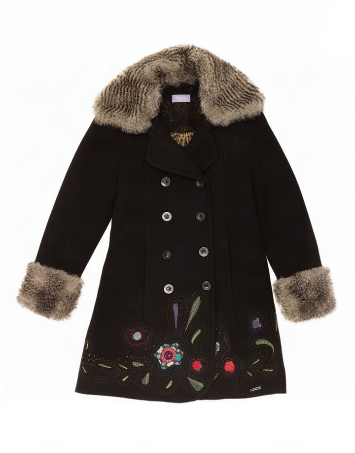 Desigual Femmes Graphique Double Boutonnage Manteau EU 42 Grand Noir Floral
