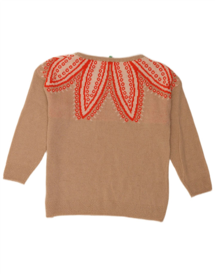 Benetton Pull à col rond à motif abstrait pour femme UK 10 Petit Beige