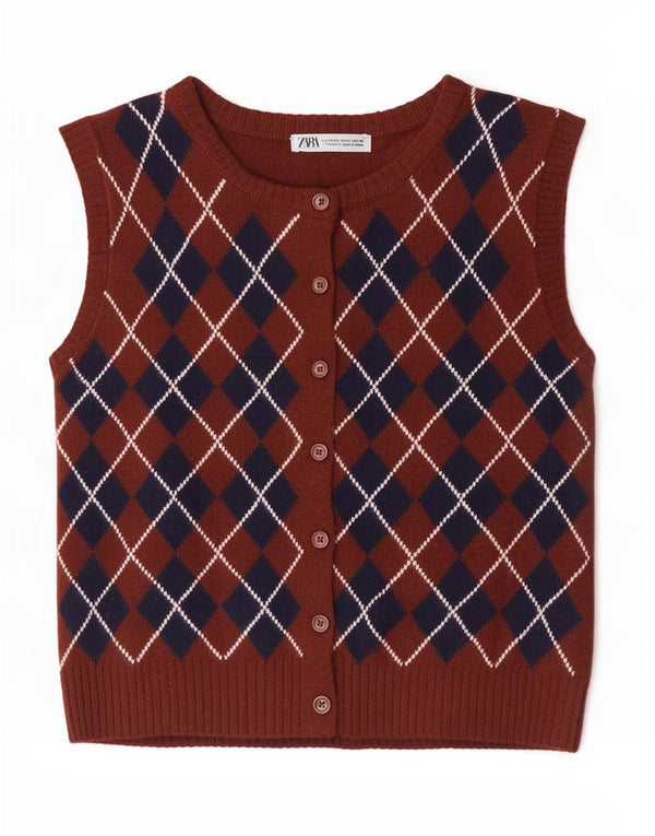 Zara Cardigan sans manches pour femme UK 14 Large Marron Argyle/Diamant