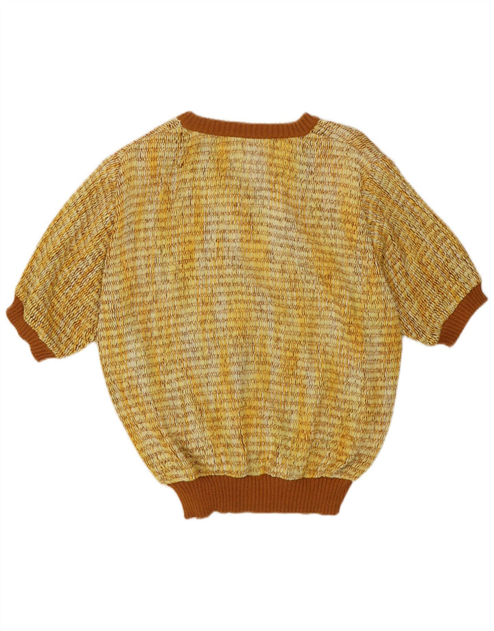 vintage Femme Manches Courtes Col V Pull Pull IT 44 Jaune Moyen