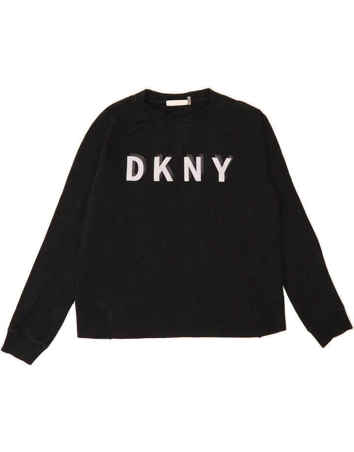 DKNY Womens Graphic Sweatshirt Jumper UK 14 Medium Black Polyester Vintage Dkny and Second-Hand Dkny from Messina Hembry 