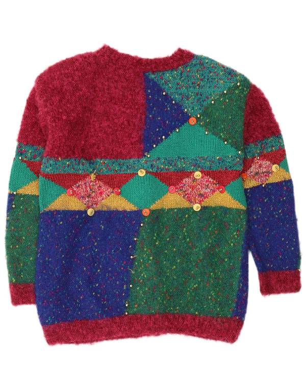 vintage Womens Cardigan Sweater UK 16 Grande nouveauté géométrique multicolore