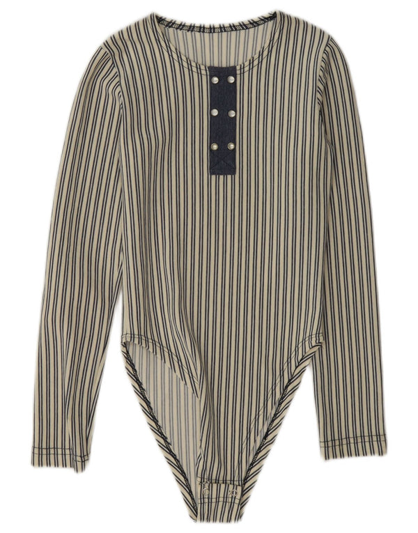 vintage Womens Long Sleeve Body UK 8 Petit Bleu Rayé