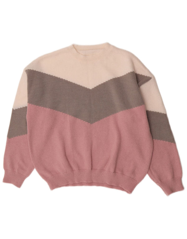 vintage Womens Crew Neck Jumper Pull UK 18 XL Rose Colourblock Rétro