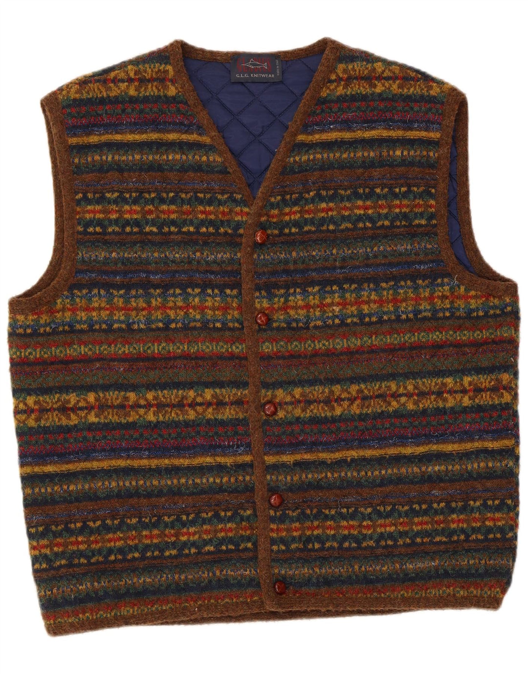vintage Mens Cardigan sans manches Pull Grande laine rayée multicolore