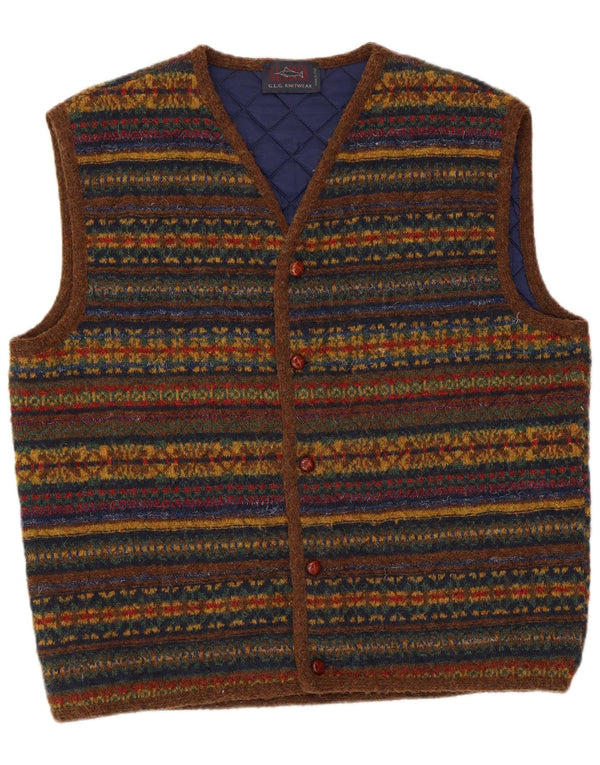 vintage Mens Cardigan sans manches Pull Grande laine rayée multicolore