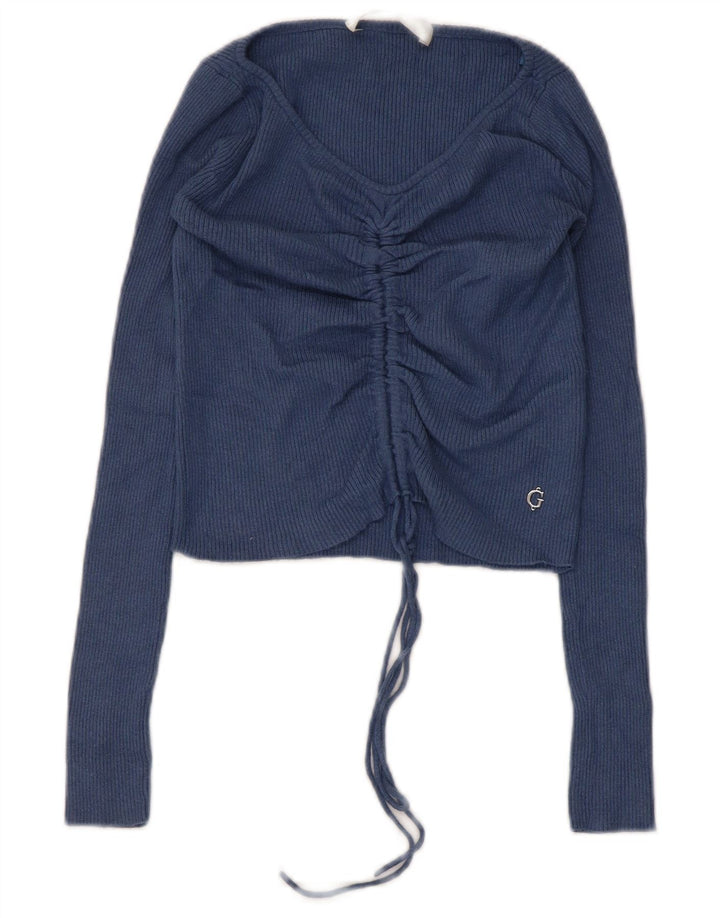 Guess Femme Crop Top Manches Longues UK 4 XS Bleu Marine Polyamide