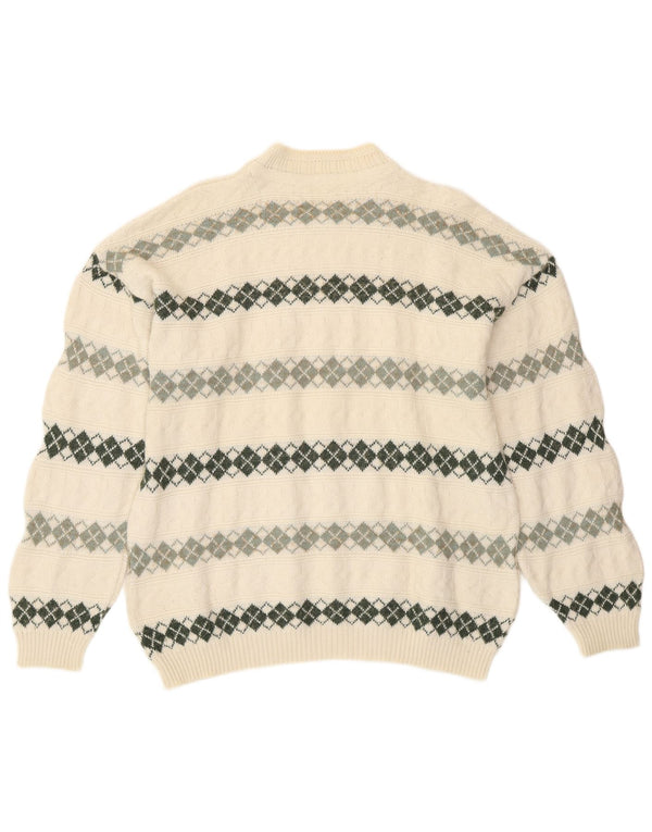 vintage Mens Turtle Neck Jumper Pull XL Off White Argyle/Diamond Rétro