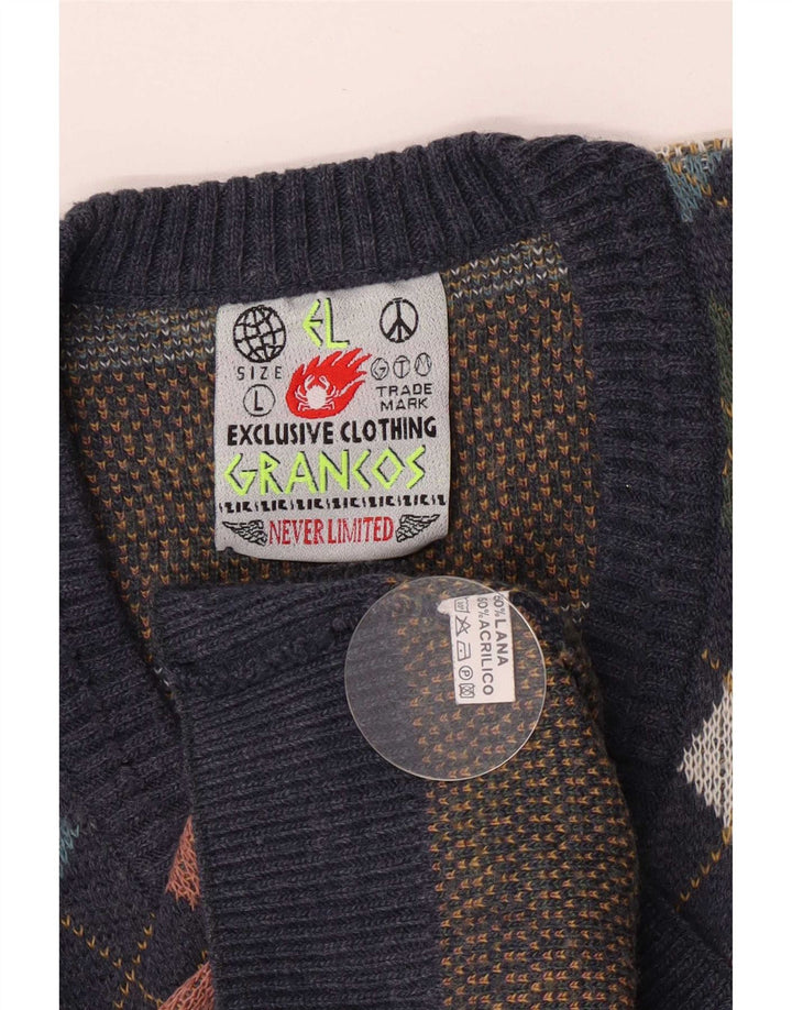 vintage Homme Col V Jumper Pull Grand Bleu Marine Argyle/Diamond Laine