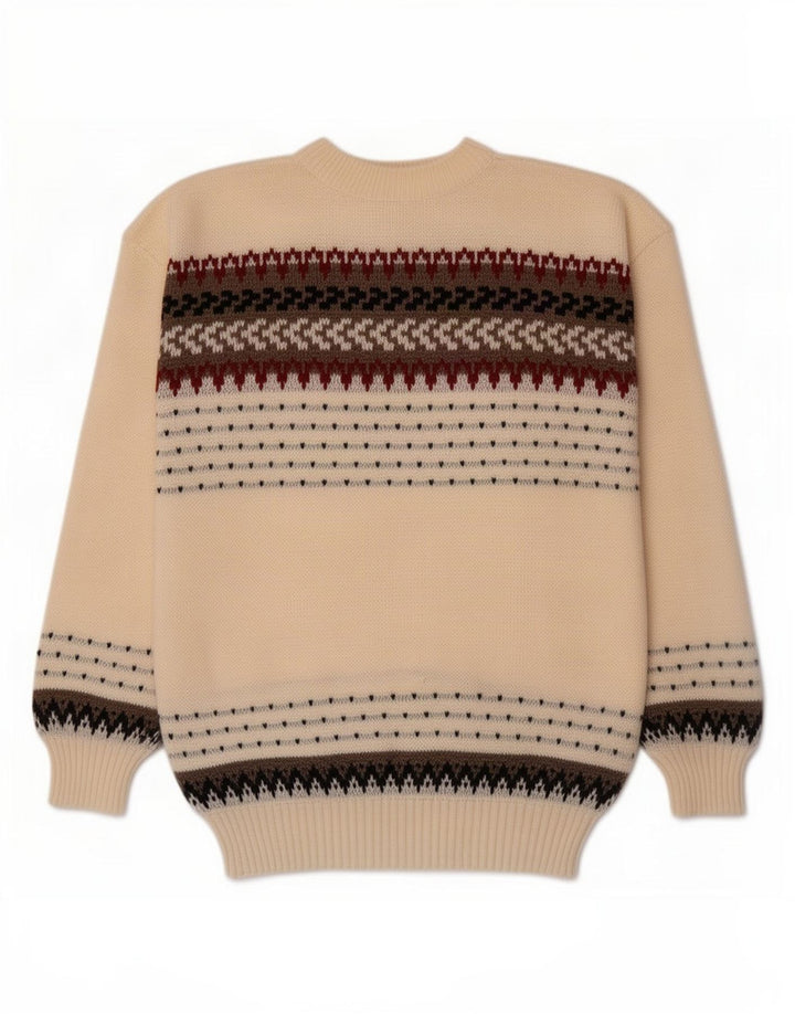 vintage Mens Crew Neck Jumper Pull Moyen Beige Rayé