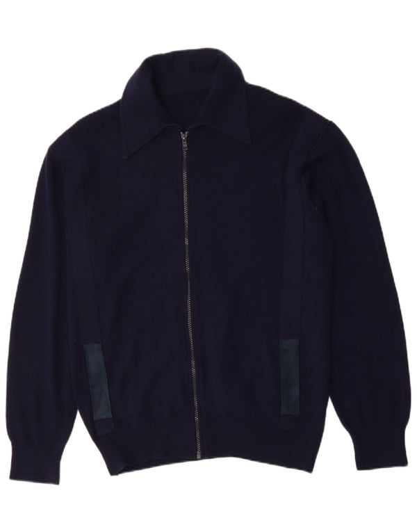vintage Mens Cardigan Pull Moyen Marine Bleu Laine