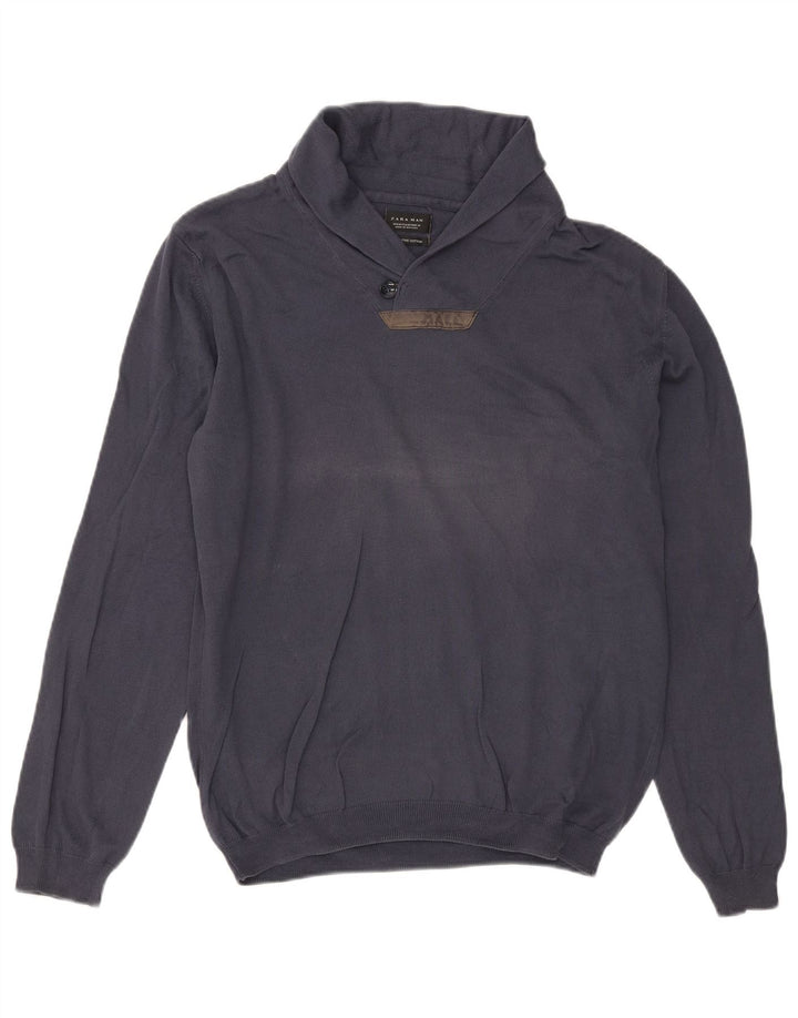 Zara Pull Col Châle Homme Bleu Marine Moyen Coton