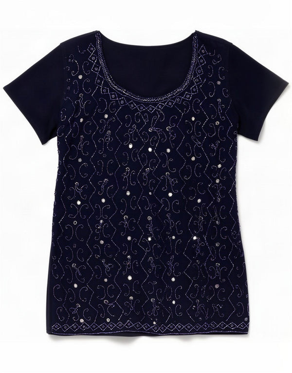 Vintage Womens Abstract Pattern Blouse Top UK 12 Bleu Marine Moyen