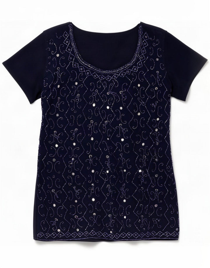 Vintage Womens Abstract Pattern Blouse Top UK 12 Bleu Marine Moyen