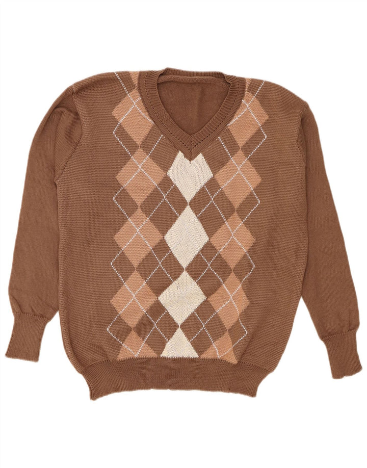 vintage Femme Col V Pull Pull Grand Marron Argyle/Diamant Polyester