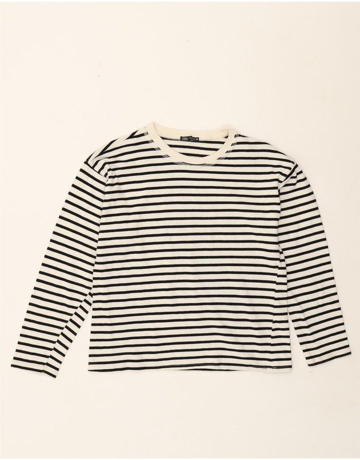 Zara Femme Top Manches Longues UK 10 Petit Rayé Blanc