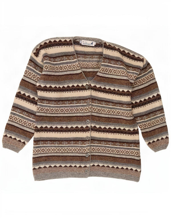 Tulchan Cardigan pour femme UK 14 Marron moyen Fair Isle Laine vierge