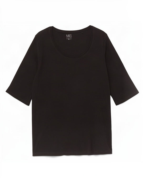 Marks & Spencer T-Shirt Femme Top UK 16 Large Noir Coton