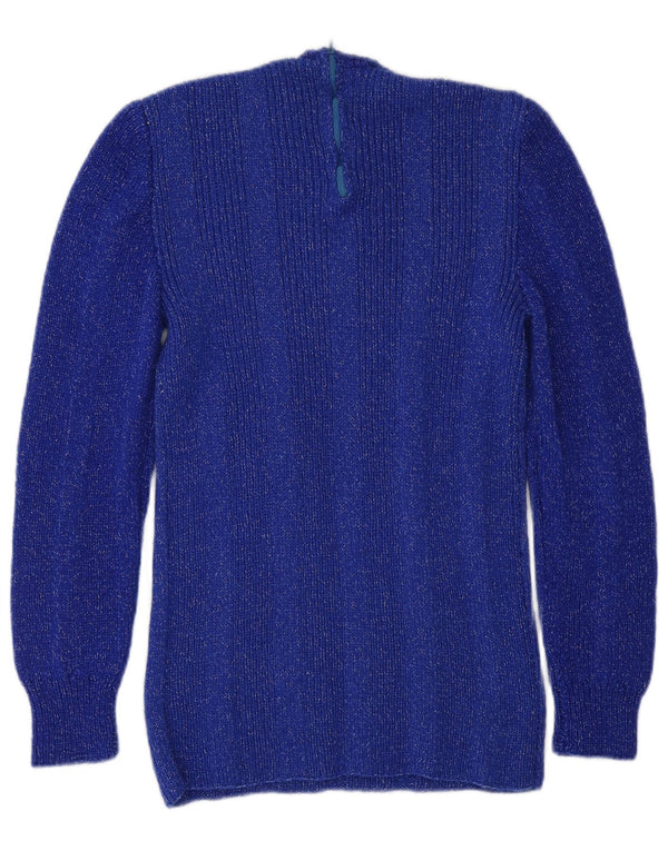 vintage Womens Crew Neck Jumper Pull UK 6 XS Bleu Moucheté Classique