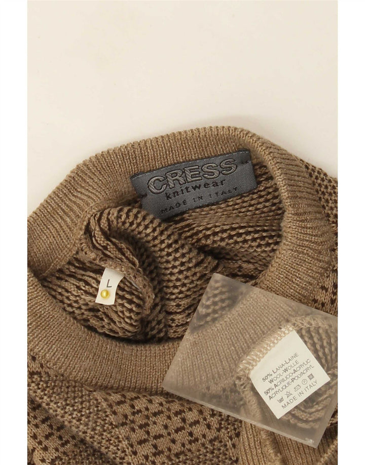 vintage Mens Crew Neck Jumper Pull Grande laine géométrique beige