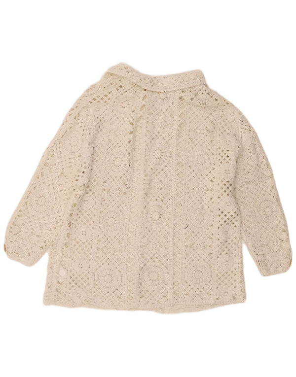 vintage Femmes 3/4 Manches Crochet Cardigan Pull UK 18 XL Coton Blanc