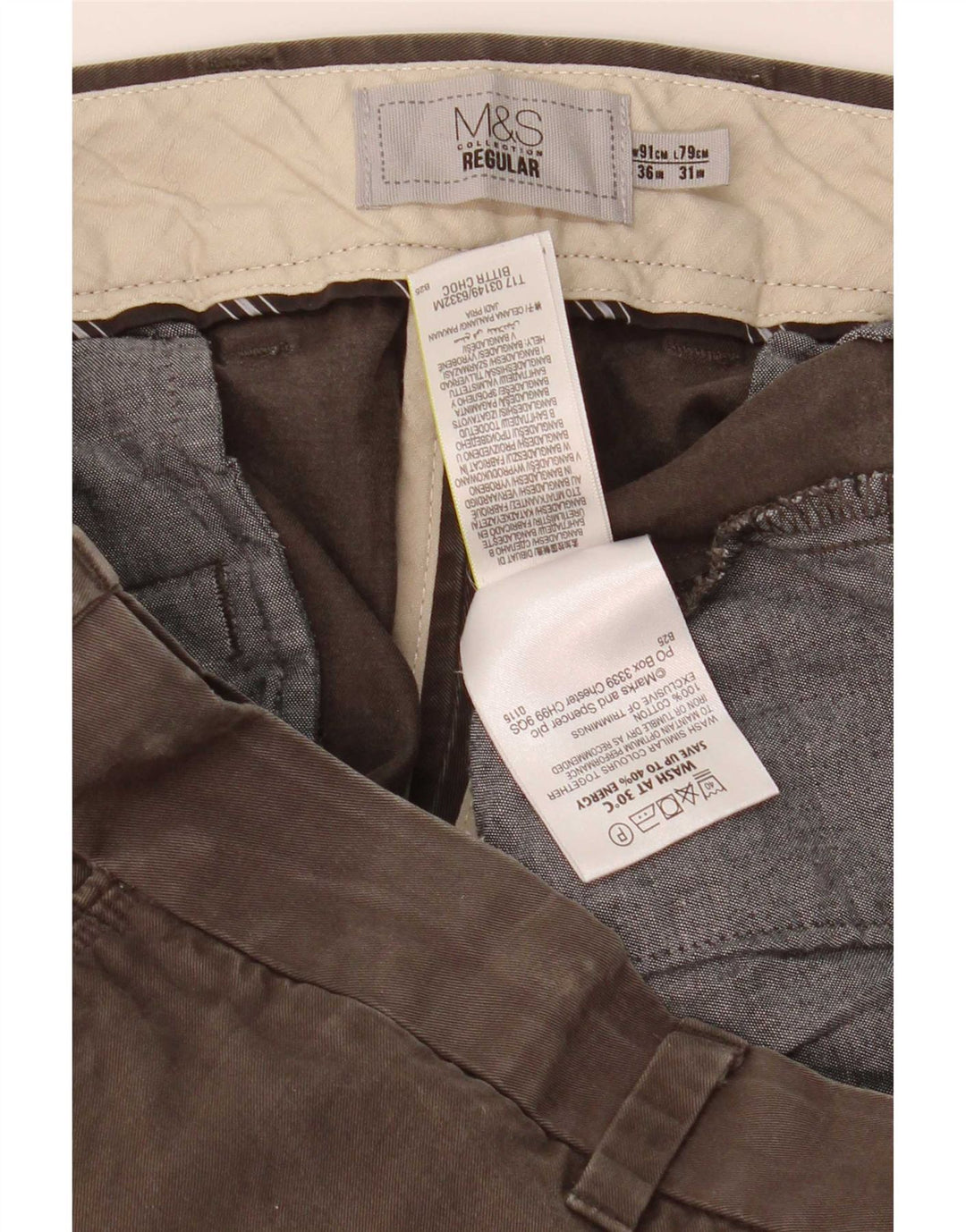 Marks & Spencer Pantalon Chino Regular Homme W36 L31 Kaki Coton
