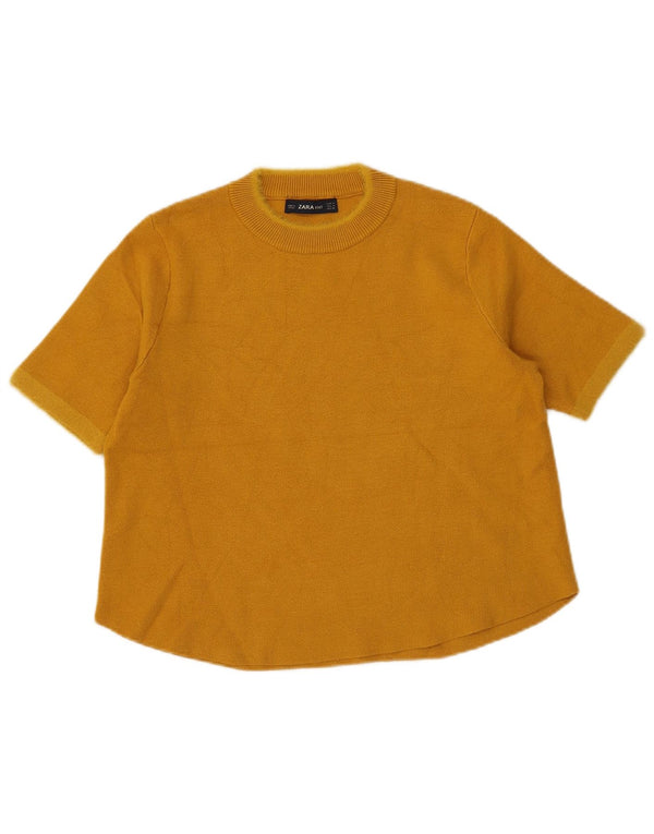 Zara Womens Crop T-Shirt Top UK 12 Viscose Jaune Moyen