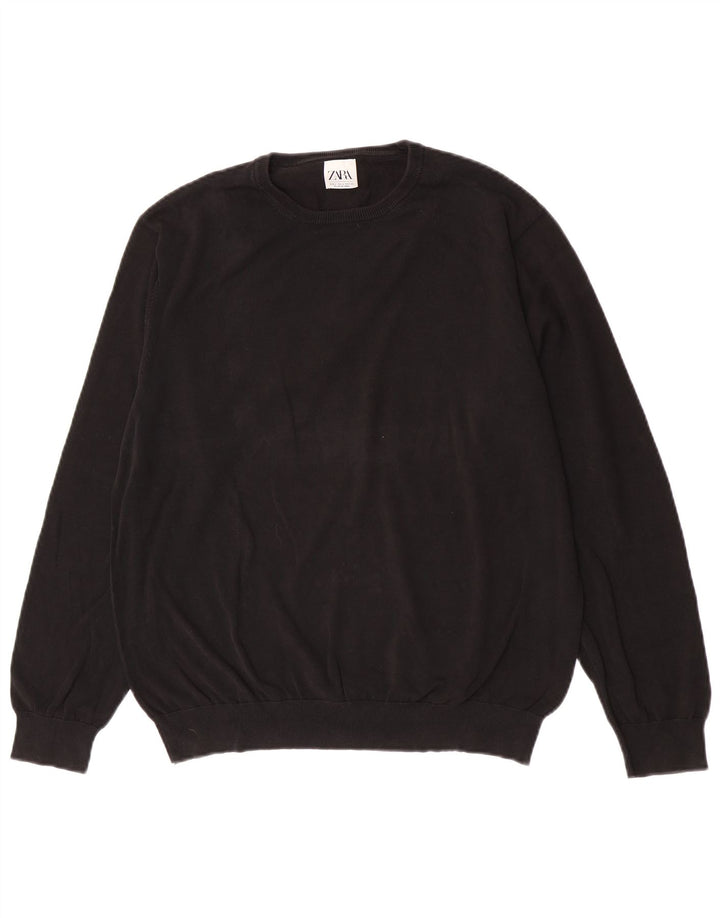 Zara Pull à col rond pour homme en coton noir Large