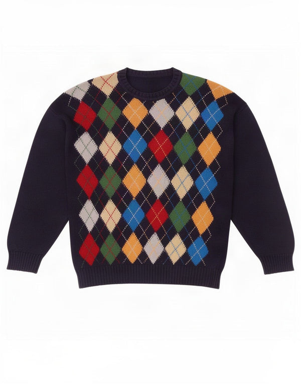 vintage Mens Crew Neck Jumper Pull Grand Bleu Marine Argyle/Diamond Coton