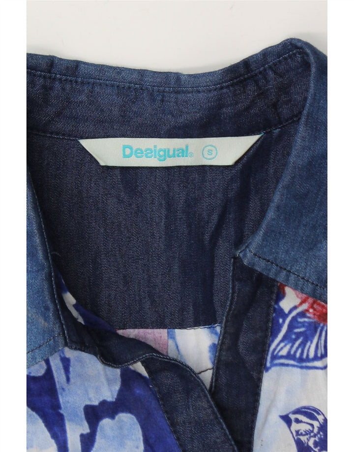 Desigual Femme Pull Chemise Chemisier UK 10 Petit Bleu Floral