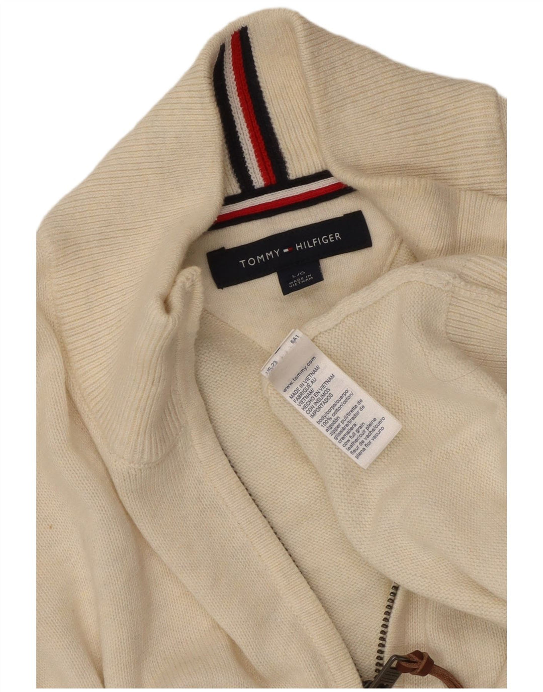 TOMMY HILFIGER Pull à col zippé pour homme Large en coton blanc cassé