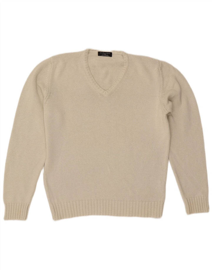 Zara Pull Col V Homme Beige Moyen Coton