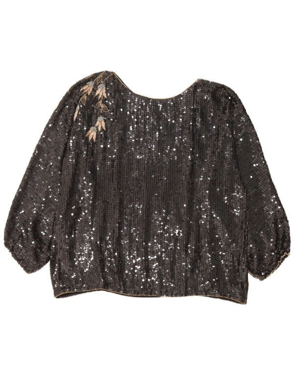 vintage Femmes Surdimensionné Manches Longues Blouse Top EU 44/46 XL Noir Floral