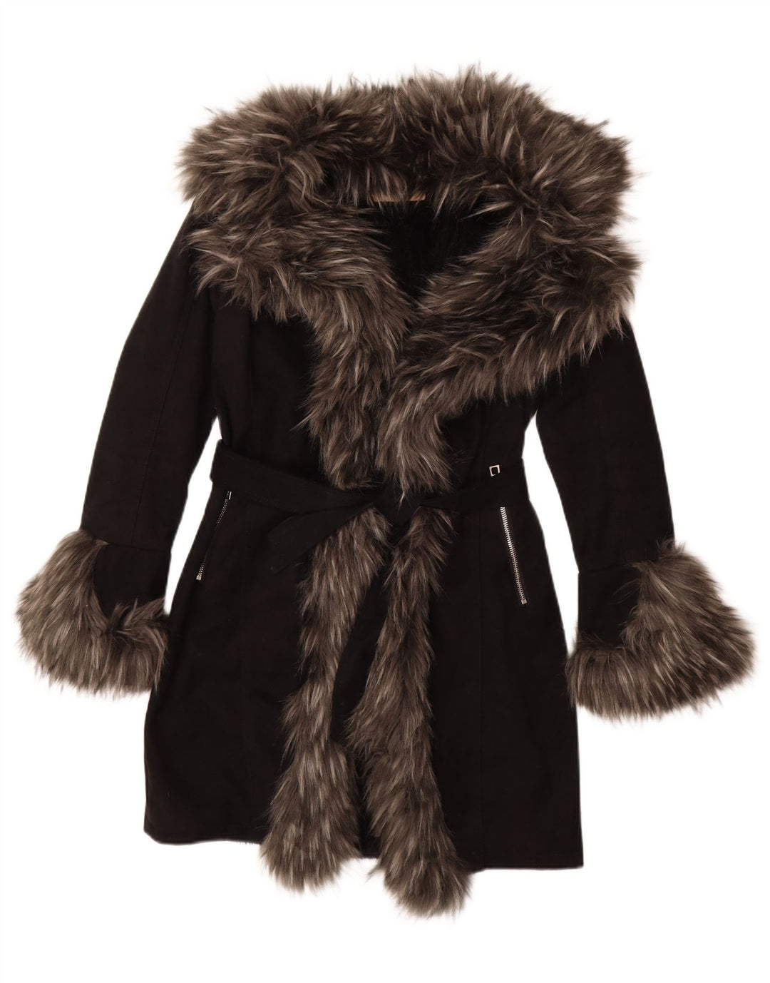 vintage Womens Sherpa Overcoat EU 36 Petit Acrylique Noir