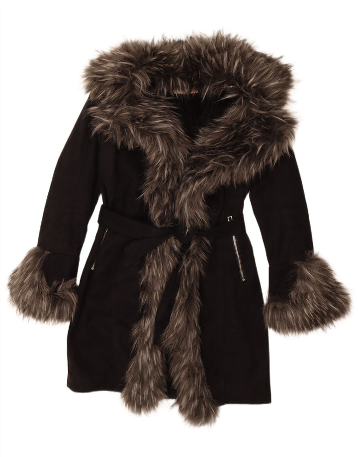vintage Womens Sherpa Overcoat EU 36 Petit Acrylique Noir