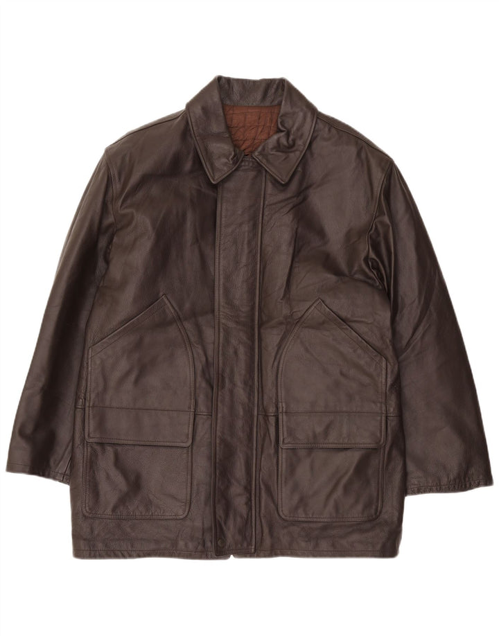 VINTAGE Manteau en Cuir Garçon 15-16 Ans XL Cuir Marron