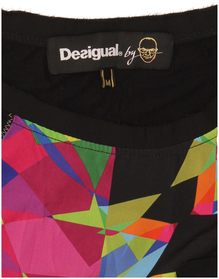 Desigual T-Shirt Femme Top UK 12 Moyen Noir Géométrique
