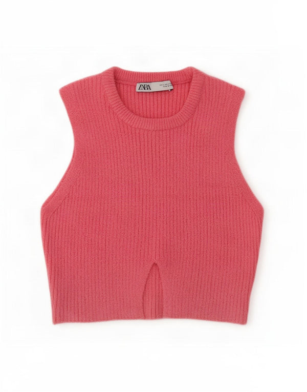 Zara Womens Crop Vest Débardeur UK 8 Petit Coton Rose