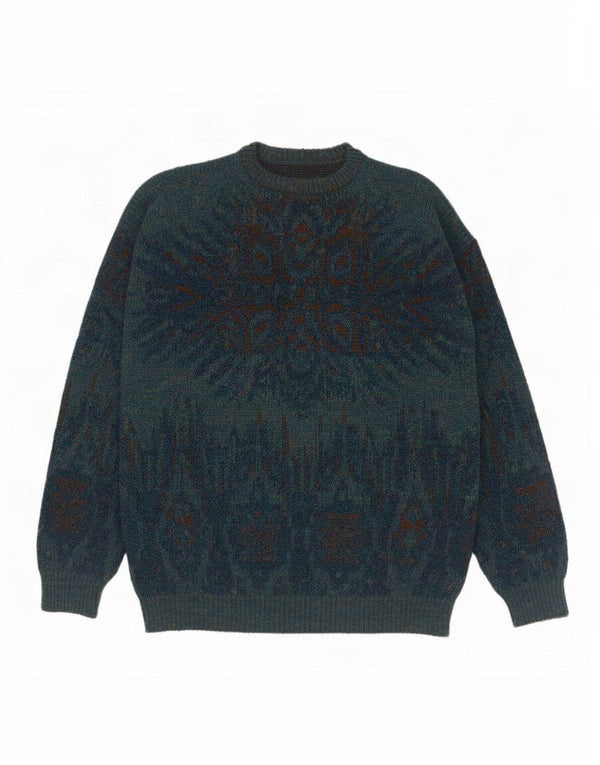 vintage Mens Crew Neck Jumper Pull Petit Bleu Marine Fair Isle