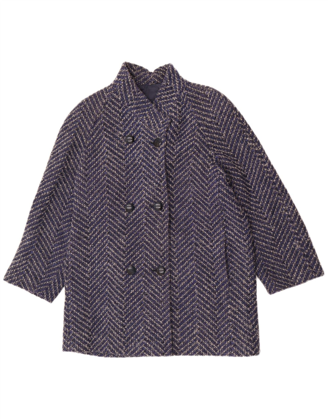 vintage Femme Double Breasted Coat UK 14 Grande Laine Chevron Bleu Marine