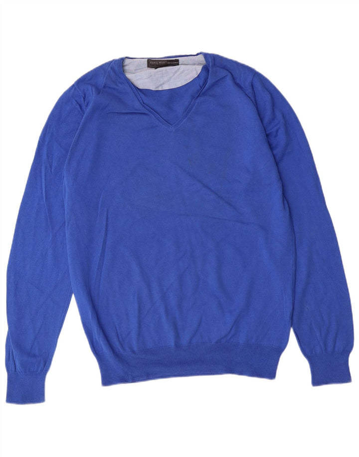 Zara Pull Col V Homme Bleu Moyen Coton