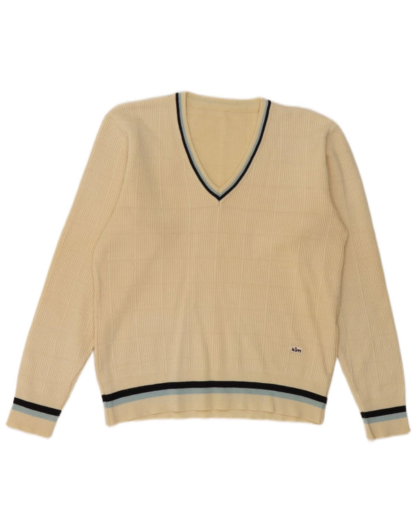 vintage Mens V-Col Jumper Pull UK 36 Petite laine blanc cassé