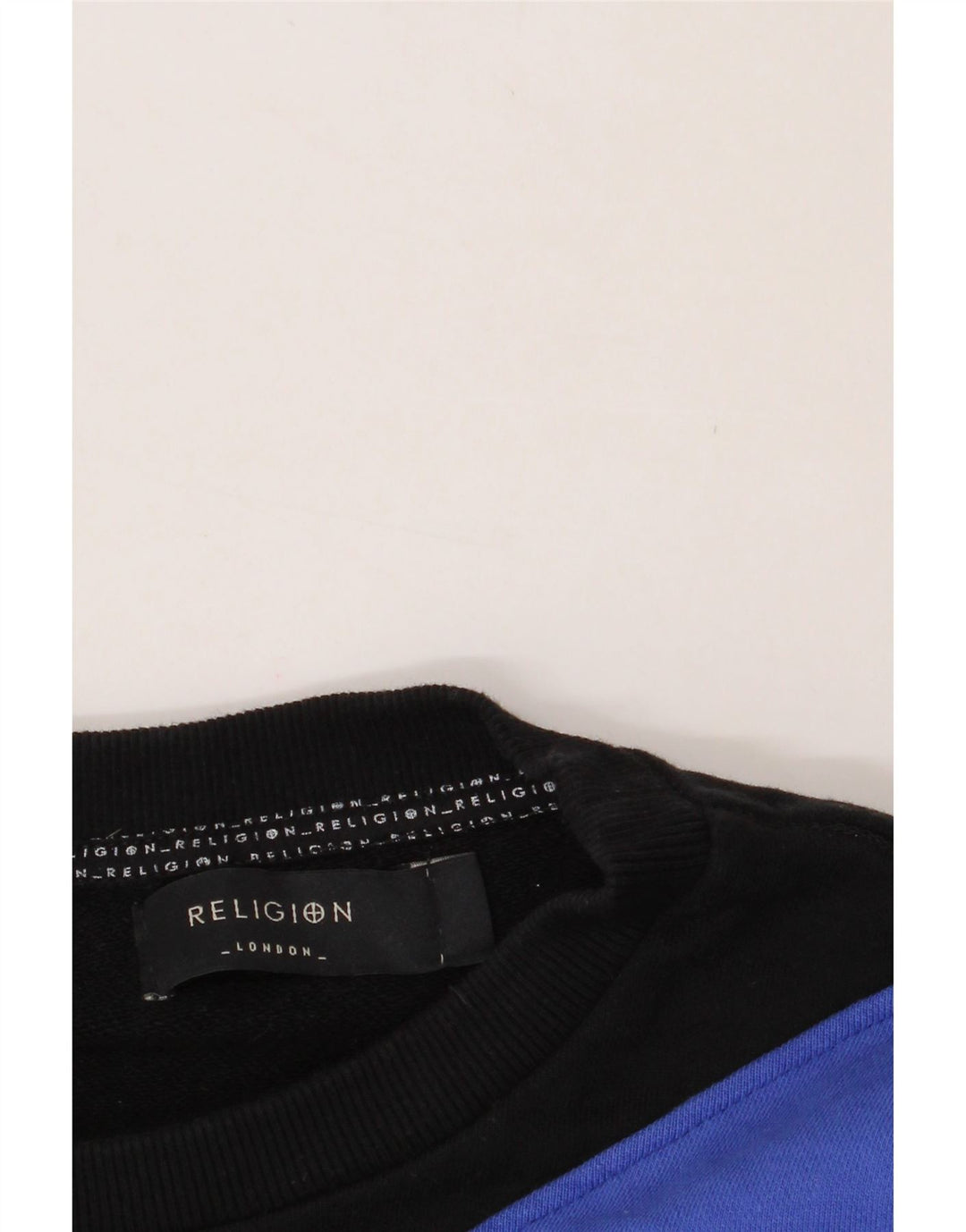 RELIGION Mens London Graphic Sweatshirt Jumper Medium Blue Colourblock Vintage Religion and Second-Hand Religion from Messina Hembry 