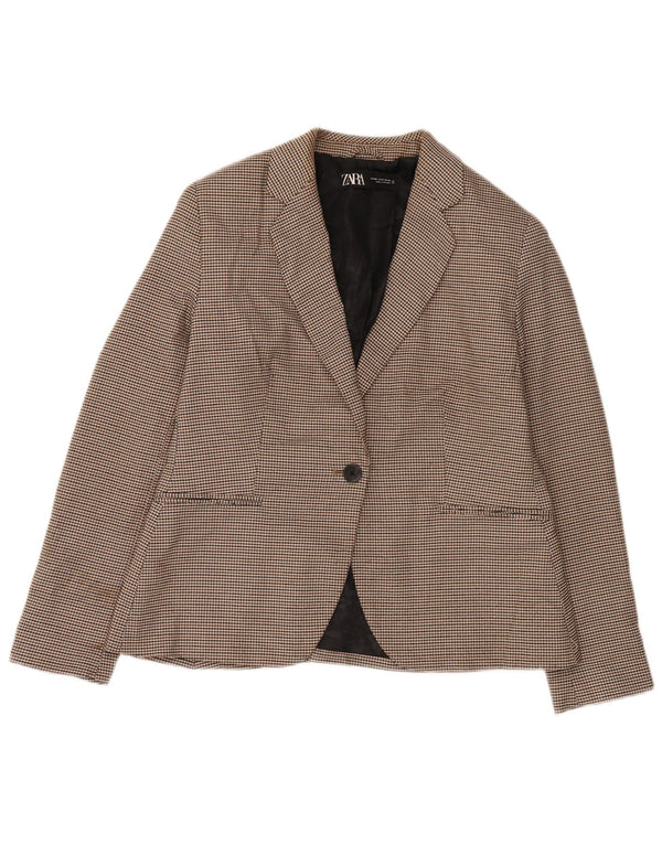 Zara Womens 1 Button Blazer Jacket EU 42 Large Marron Pied-de-Poule
