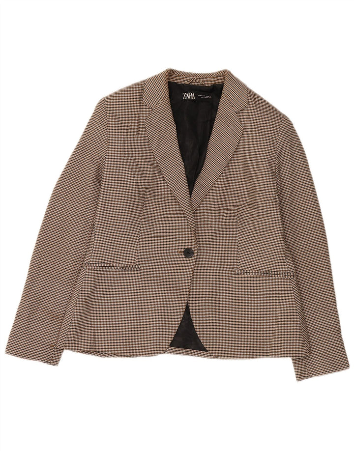 Zara Womens 1 Button Blazer Jacket EU 42 Large Marron Pied-de-Poule