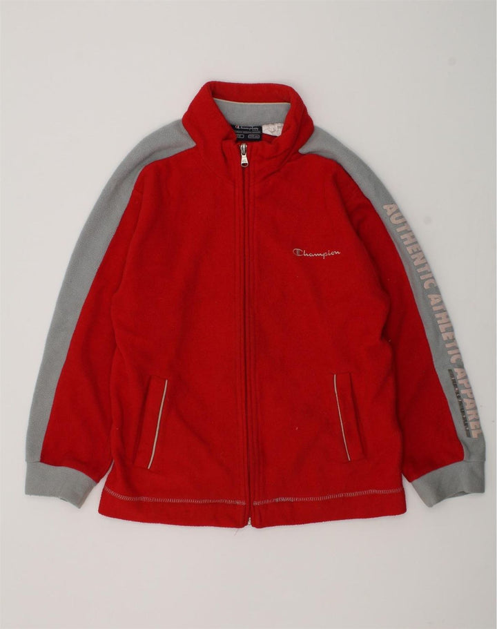 CHAMPION Boys Graphic Fleece Jacket 7-8 Years Red Colourblock Polyester | Vintage Champion | Thrift | Second-Hand Champion | Used Clothing | Messina Hembry 