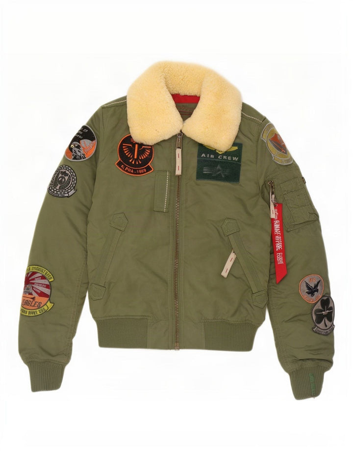 Alpha Industries Veste Bomber Graphique Femme UK 6 XS Nylon Vert